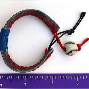 TEXAS TECH BASEBALL LEATHER BRACELET FABRIC CERAMIC BASEBALL BEAD  UNISEX 7 1/2”